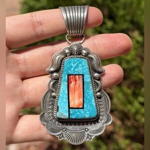 Albert Jake Navajo Sterling Silver Blue Turquoise Spiny Oyster Inlay Pendant